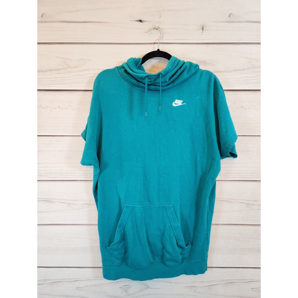 Nike‎ Womens Small Teal Short Sleeve Hoodie Cowl Neck Embroidered Logo Pockets